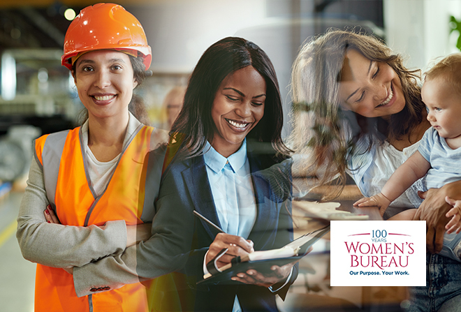 Collage of three pictures of women: one in hardhat and construction vest, one in a business suit writing in a notebook, and one in a home holding a baby.