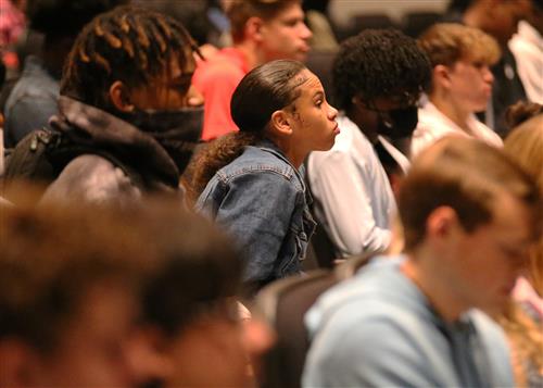 Sophomores at Clinton High School listen as representatives from Continental Tire