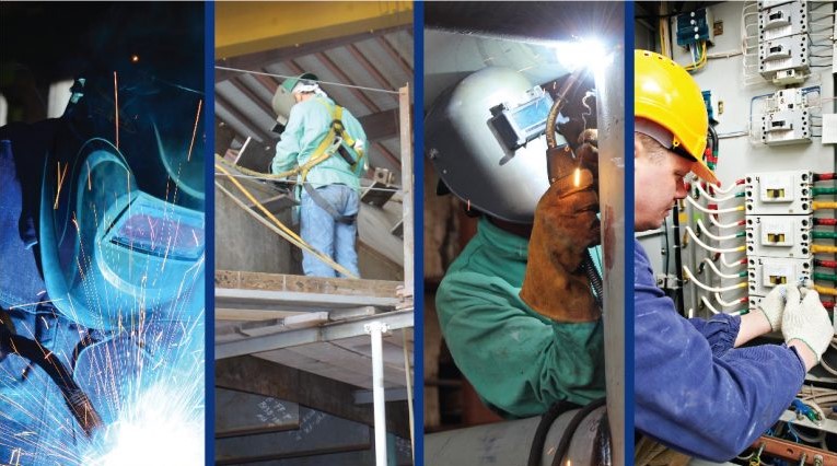 Collage of four images: three of different views of a person welding and one man working on wires
