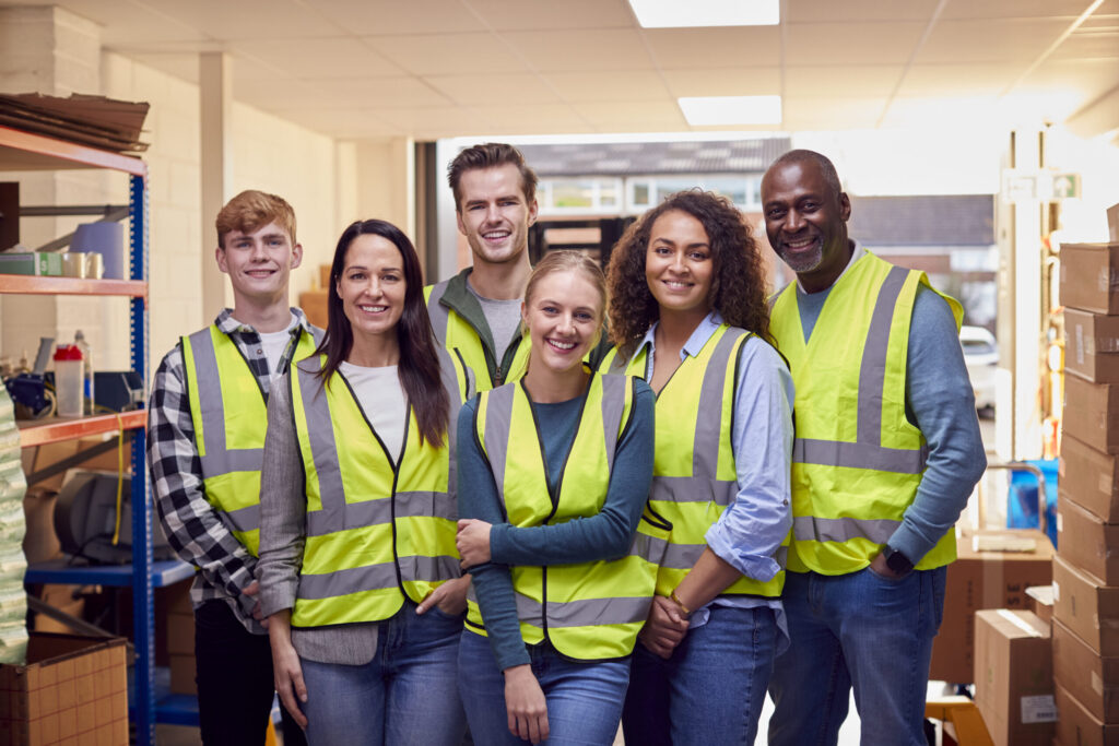 Three men and three women wearing hi-vis vests in a warehouse