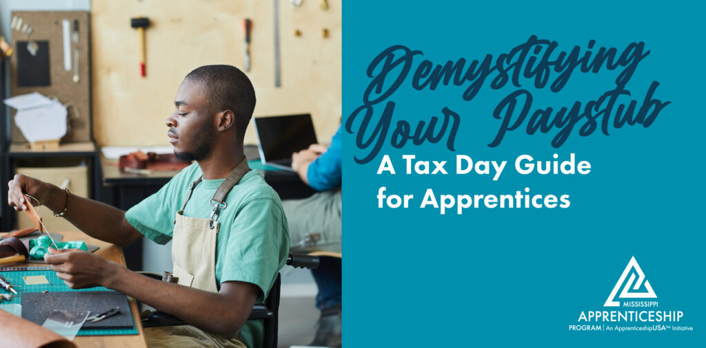 Apprentice in wheelchair doing leatherwork. Paystub tax guide for apprentices.