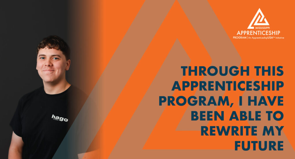 Young man smiling next to Mississippi Apprenticeship Program text.