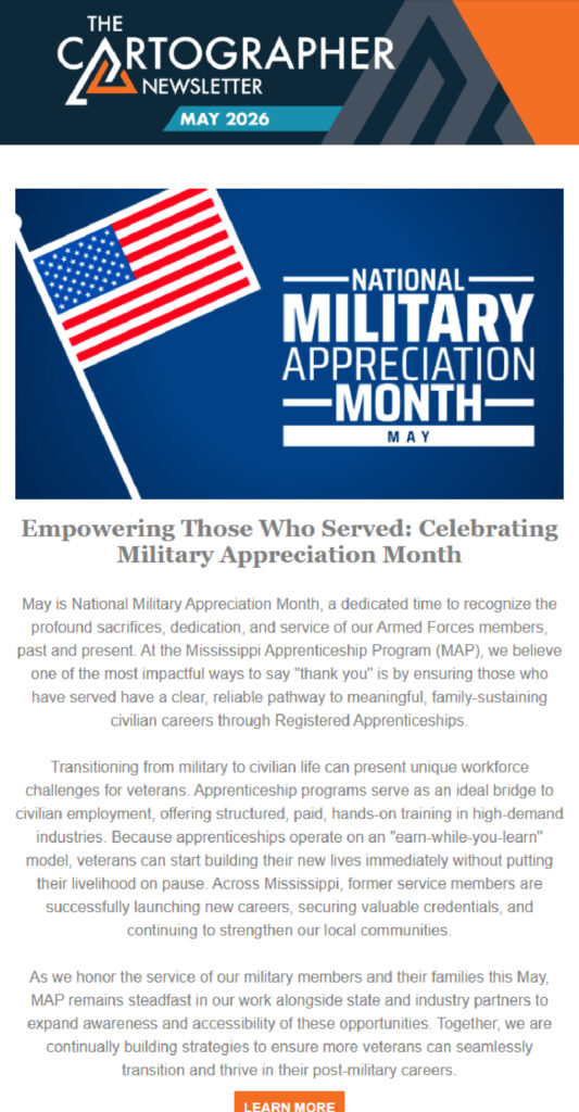Newsletter page for National Military Appreciation Month and veteran apprenticeships.